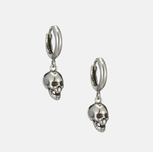 Silver Skull Huggie Drop Earrings